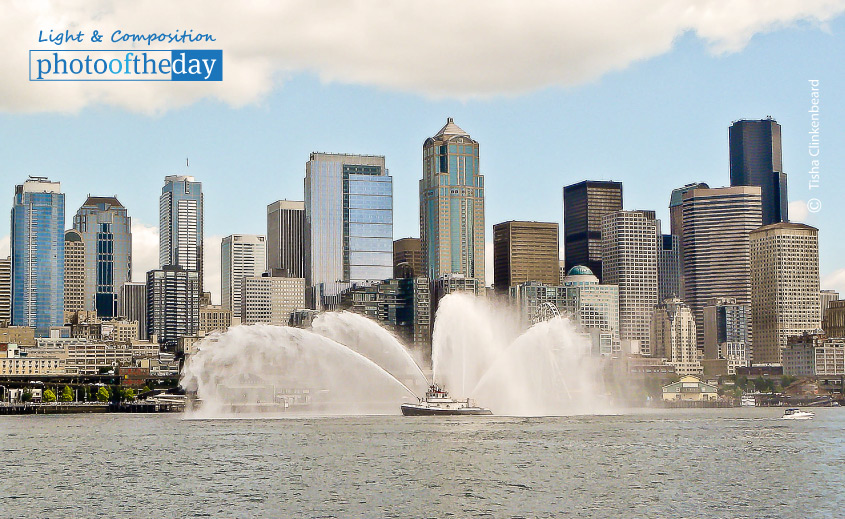 Fireboat and Seattle Downtown, by Tisha Clinkenbeard