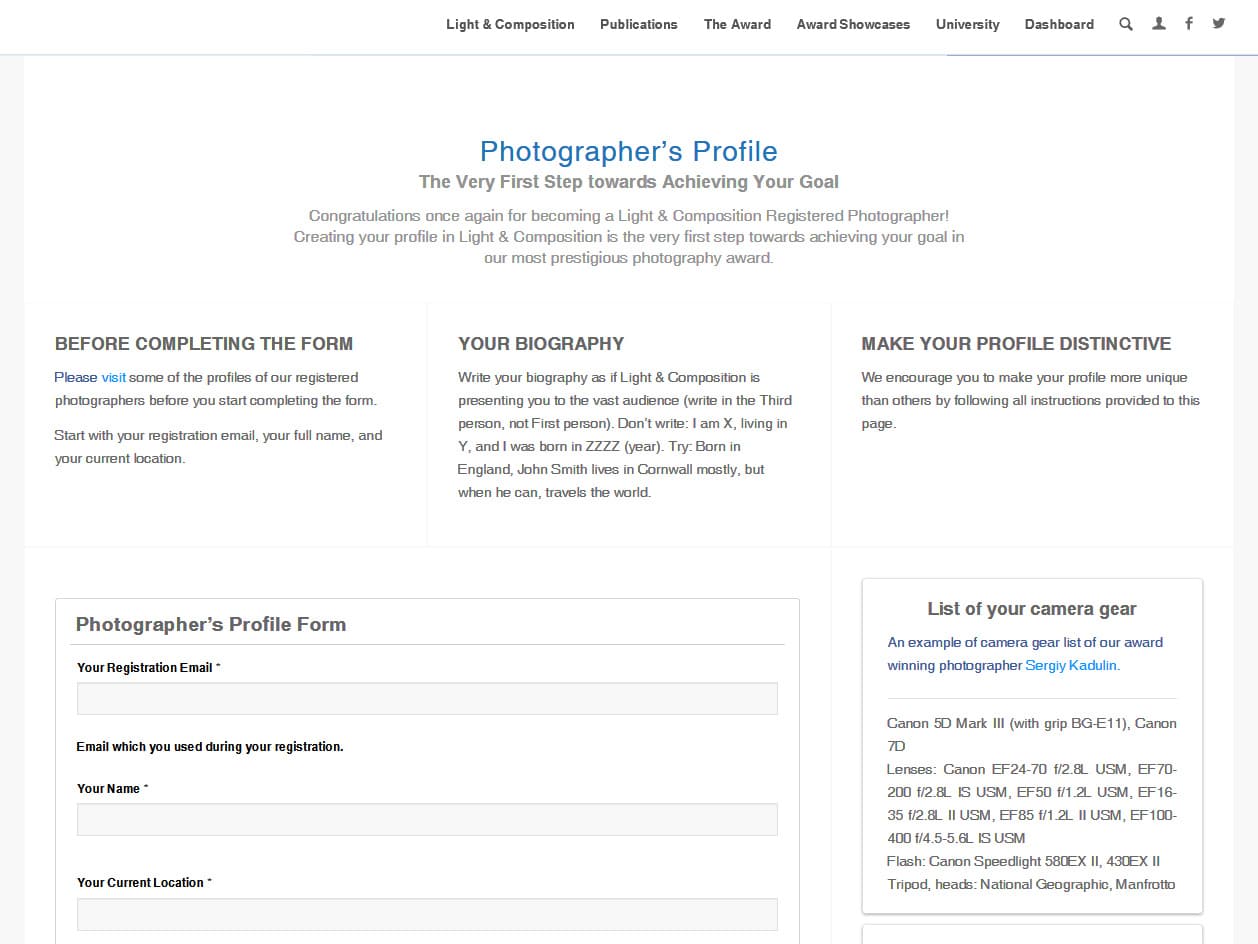 Photographer's Profile Page